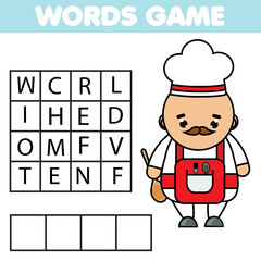 Educational game for children. Learning Job and work theme word search puzzle for kids. Chef profession