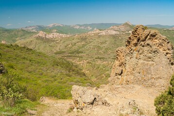 Landcape with view from Kara-dag volcanic mountain range to Meganom cape on eastern Crimean peninsula