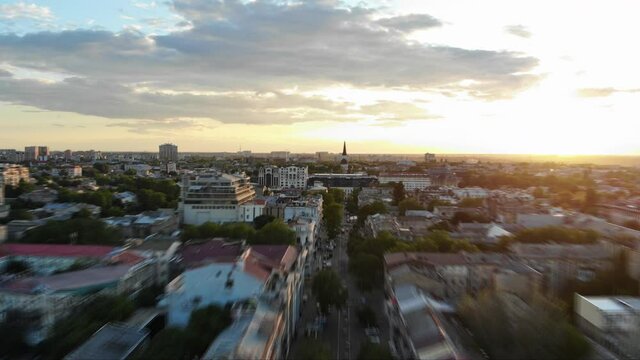 Aerial timelapse of a old city busy downtown in Odessa, Ukraine. Hyperlapse captured from a drone on the evening