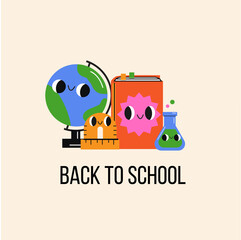 Back to school banner with funny cartoon objects. Globe, book, flask, ruler comic characters