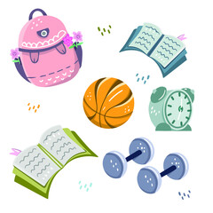 A large vector set for school, the first of September, training. Schematic vector hand-drawn cartoon set of school subjects and symbols. A hand-drawn background with school supplies and creative eleme