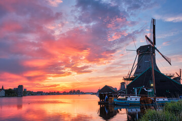 Windmills at Zaanse Schans in Holland on sunset. Zaandam, Nether