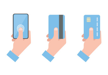 Human hand holding a smartphone and credit card. Colored vector flat illustration. Isolated on white background.