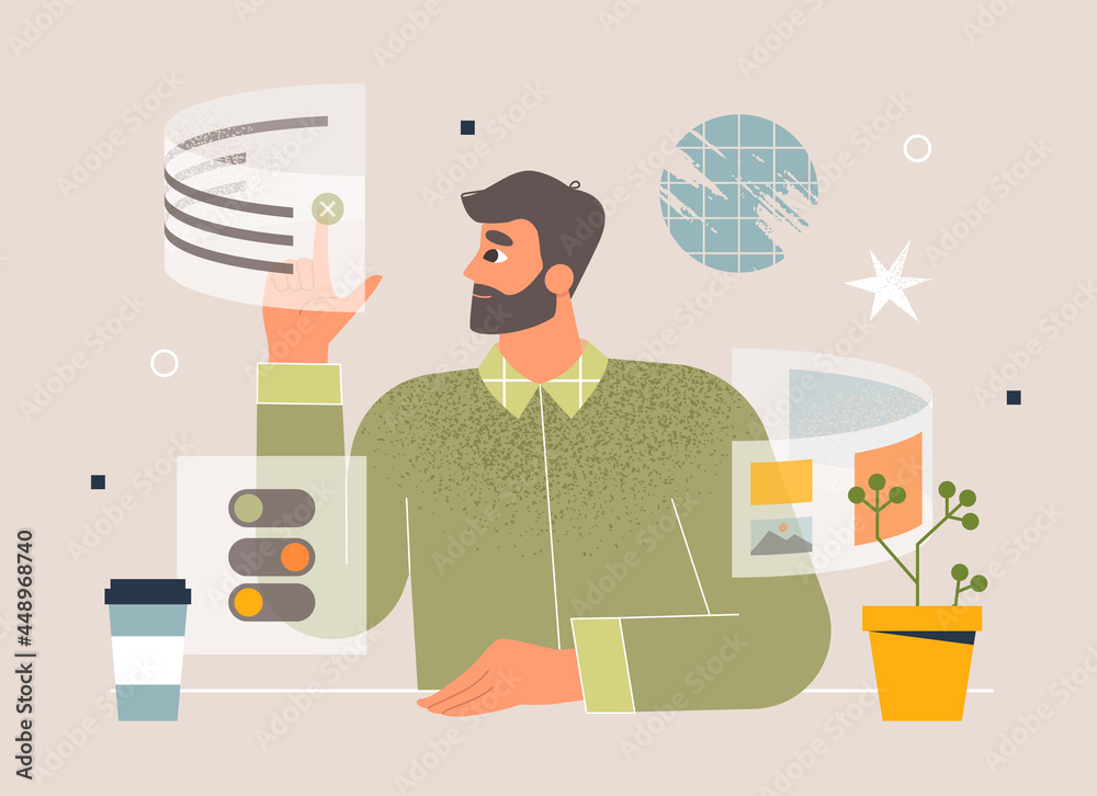 Wall mural ux, ui, usability concept. man interacting with a web interface, touching screen button, using appli
