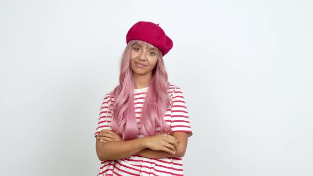 Young woman with pink hair with happy face over isolated background
