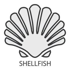 The shellfish icon with the inscription. A light gray clam shell with a gray outline. A product that causes an allergic reaction. Vector illustration isolated on a white background for design and web.