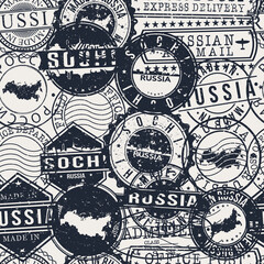 Sochi, Krasnodar Krai, Russia Stamps Background. A City Stamp Vector Art. Set of Postal Passport Travel. Design Set Pattern.