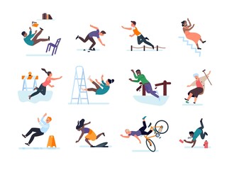 Fototapeta na wymiar Accidently falling people. Vector set of obstacles on way, emergency traumatic situations, loss of balance and bruises, men and women stumble