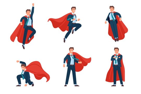 Super businessman poses. Professional superhero office manager character in costume and fluttering cape, vector set of spectacular power poses