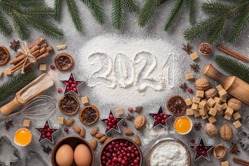 Ingredients for Christmas and New Year 2022 baking with copy space.