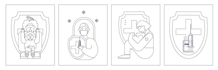 covid-19 vaccine logo icon. a vaccine that protects life. the concept of saving the life of the population from the virus. picture of a young family and a girl who got vaccinated