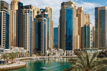 Dubai Marina skyscrapers and port in Dubai, United Arab Emirates