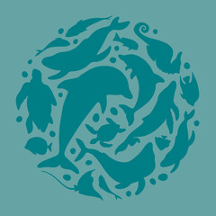 Abstract illustration of summer time concept. Underwater set of silhouettes. .Marine life, shells, seaweed. Flat vector illustration of round shape.