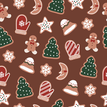 Merry Christmas Holiday Cute Gingerbread Man, Tree, Star Cookies And Biscuits Seamless Pattern For Fabric, Linen, Textiles And Wallpaper