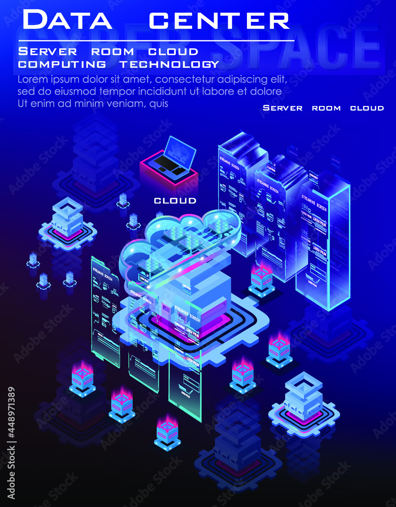 Poster data center and cloud computing isometric concept . cloud data for storing and processing informatio