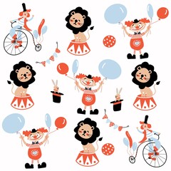 circus pattern with clowns acrobats lions and bunnies © Елена Канер