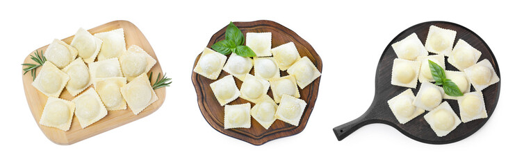 Set with uncooked ravioli on white background, top view. Banner design
