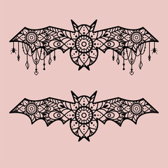 Halloween bats decoration template. Lace ornament bat with pendants and hanging decor.