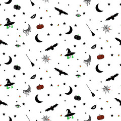 Halloween icons seamless pattern background vector with witchy hat, bats and spider net.