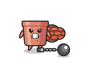 Character mascot of flowerpot as a prisoner