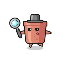 flowerpot cartoon character searching with a magnifying glass