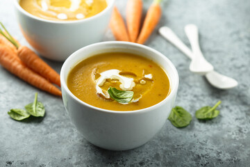 Traditional homemade pumpkin soup with cream
