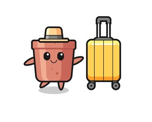 flowerpot cartoon illustration with luggage on vacation
