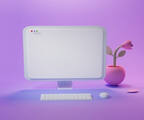 desktop with PC, keyboard and flowerpot. SEO Optimization, web analytics and seo marketing concept. 3d render illustration