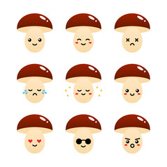 Set, collection, pack of mushroom emoji, vector cartoon style icons of mushroom characters with different facial expressions, happy, sad, shining, joyful.
