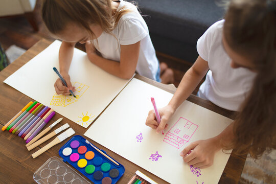Child Education Concept, art education concept. Little girls painting.