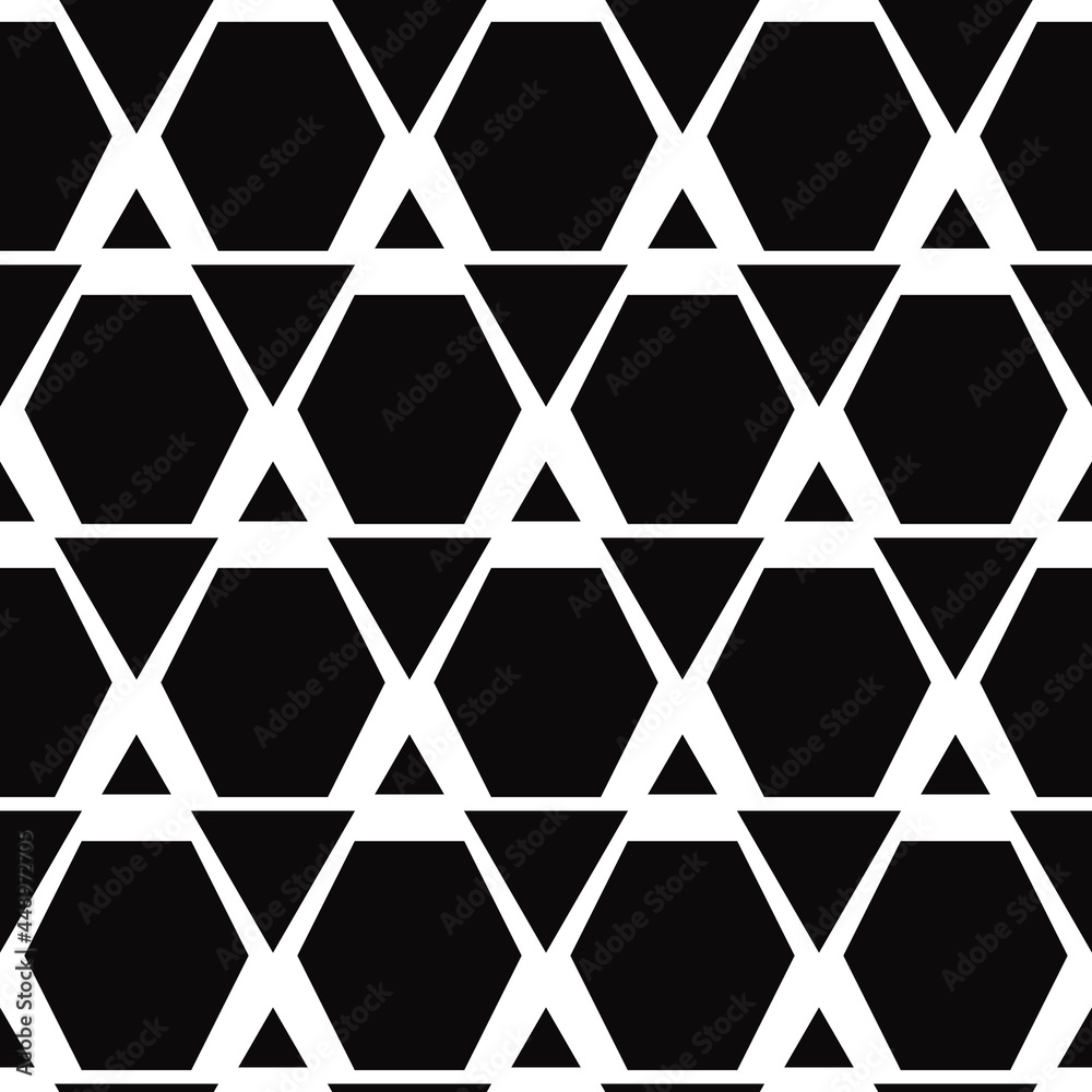 Poster black hexagons and triangles. vector seamless minimal ornament.