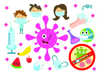 Kids and Coronavirus covid19 hand drawn Doodle cartoon set of objects and symbols