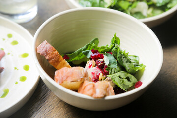 Delicious chicken liver pate with berries and salad