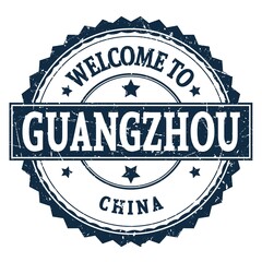 WELCOME TO GUANGZHOU - CHINA, words written on dark blue stamp