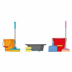 bucket brush and dustpan, vector color isolated illustration © Olesya
