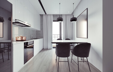 Modern kitchen interior with dining table and chairs.3D illustration