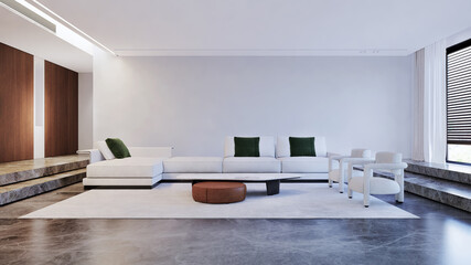 Interior living room white color with sofa. 3D illustration