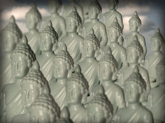 Group of Buddha sculptures outdoors. World religion