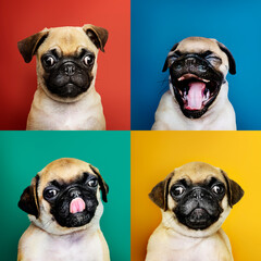 Portrait set of an adorable pug puppy - obrazy, fototapety, plakaty