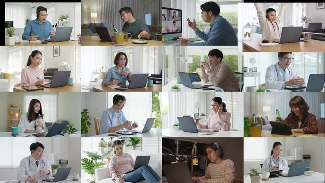 Group of diverse mixed age asia man woman consumer enjoy wireless wifi 5G network discuss on computer tablet device in puzzle mosaic film video wall of virtual indoor city urban life talk by IOT app.