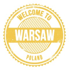 WELCOME TO WARSAW - POLAND, words written on yellow stamp