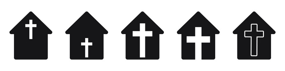 Obraz premium Church icons set. Black house icon with christian cross symbol. Vector illustration. Conceptual religion icons.