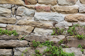 The rough textured surface of the wild stone wall. Background.
