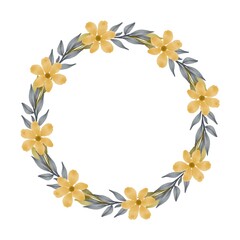 circle frame with yellow flower and grey leaf for greeting and wedding card