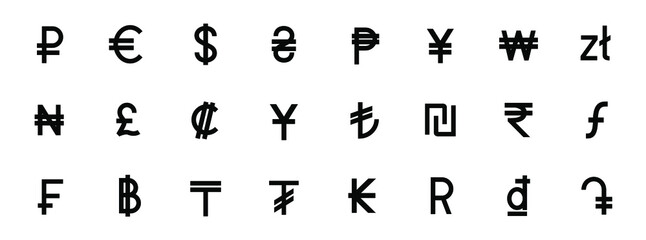 Currency signs of different countries. Set of black currency symbols. Vector illustration.