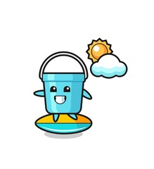 Illustration of plastic bucket cartoon do surfing on the beach