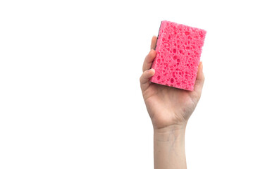 Hand with red kitchen sponge isolated on a white background photo