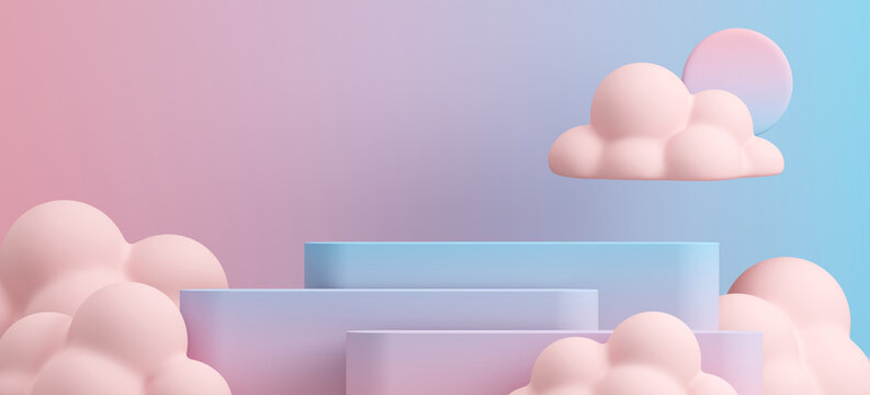 Summer mockup concept for product presentation. Blue and pink gradient podium and pink cloud scene. Clipping path of each element included. 3d rendering illustration. 