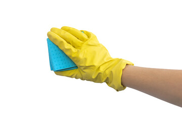 Hand in yellow glove using rag isolated on a white background photo