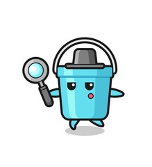plastic bucket cartoon character searching with a magnifying glass